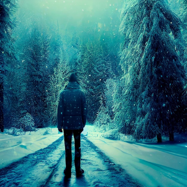 Lonely man walking in a snowy forest