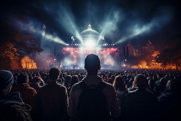 Lonely man watching confetti and having fun on music concert