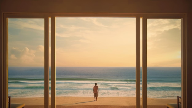 Lonely man watching landscape on the beach feet in the sand enjoying the scenery