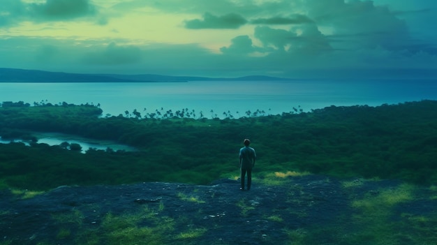 Одинокий мужчина с красивым пейзажем, наслаждающийся видом на море