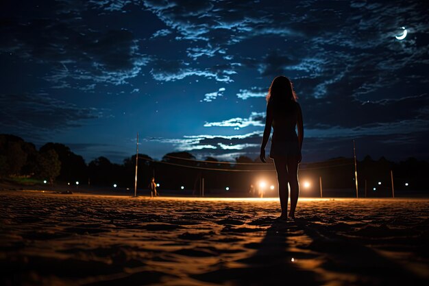 Foto solitario giocatore di pallavolo notturno attacca sotto le stelle ia generativa