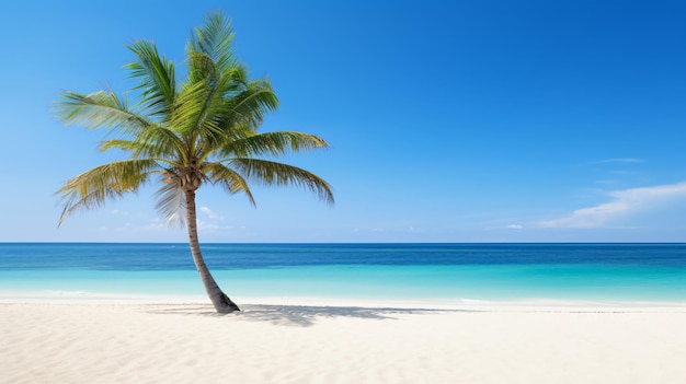 Lonely palm tree at the white sand beach with lots