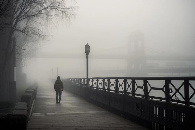 霧の中の孤独な通行人 AI 生成