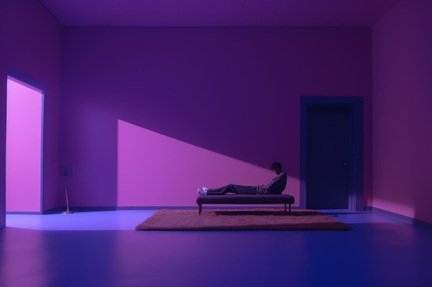 Lonely person inside a purple room with light coming in from outside