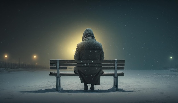 Lonely Person Sitting Alone on a Bench on a Cold Winter Day Loneliness Concept Generative AI