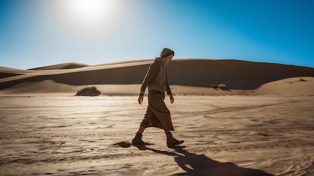 Lonely person walking in a desert near sand dunes on a sunny day