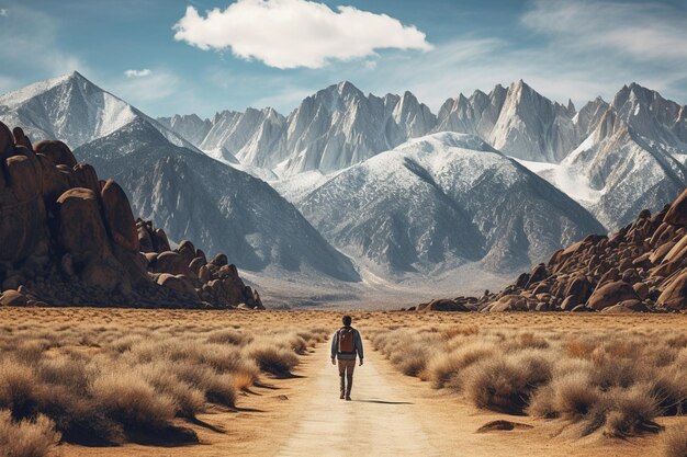 Photo lonely person walking on a pathway in alabama hills in california with mount whitney