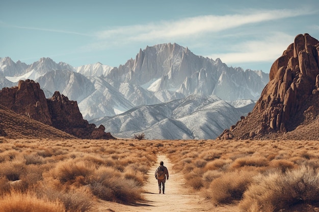 Photo lonely person walking on a pathway in alabama hills in california with mount whitney