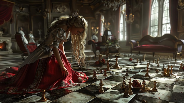 Photo lonely queen kneeling by chessboard in a large hall