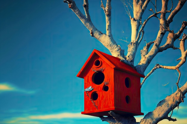 Lonely red birdhouse high in tree against background of blue sky