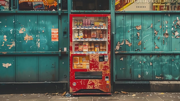 Photo a lonely red vending machine sits in front of a blue wall the vending machine is old and dirty and the paint is peeling