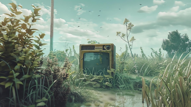 Photo a lonely retro television sits abandoned in a overgrown field