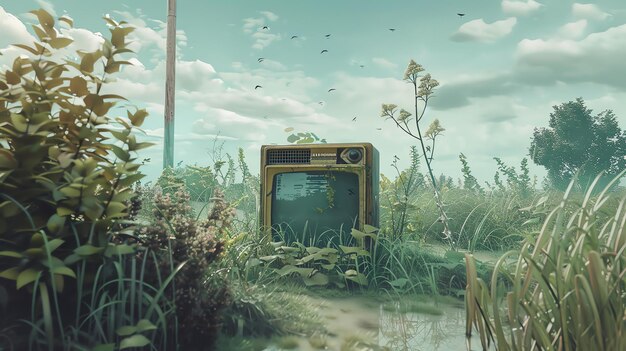 Photo a lonely retro television sits abandoned in a overgrown field