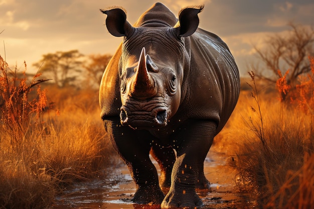 Одинокий носорог в золотой саванне на закате, генеративный ИА