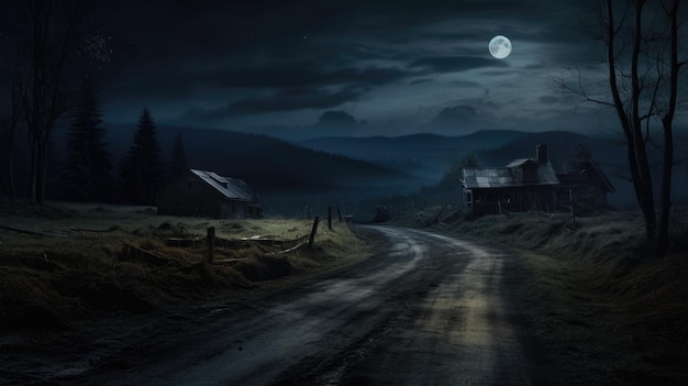 Lonely road in the country illuminated by a bright full moon at midnight