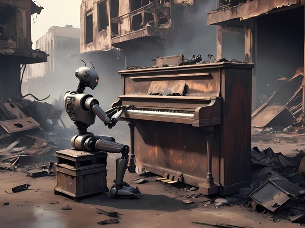 Foto un robot solitario cerca di suonare il vecchio pianoforte sul mucchio di spazzatura