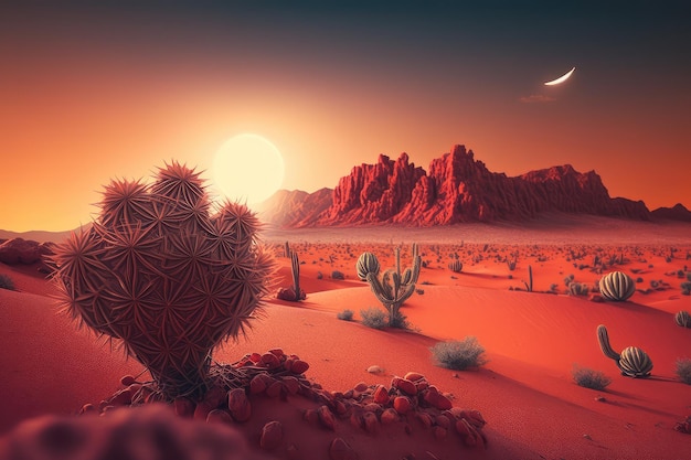 Lonely rocky desert landscape with small dune cactus and red sun against sky