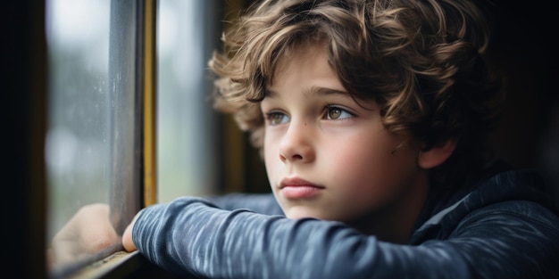 A lonely sad boy looks through the window of a moving train Homeless orphan Generative AI