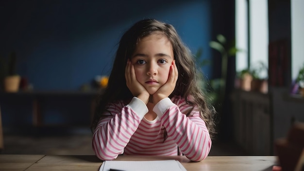 Photo lonely sad girl at home saddened alarmed child alone at home