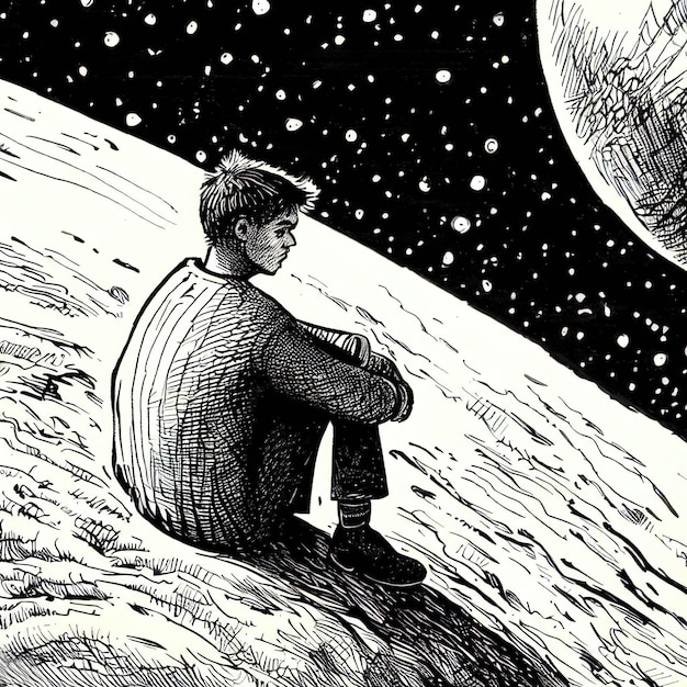 Lonely sad man on the moon pencil drawing Ai generated