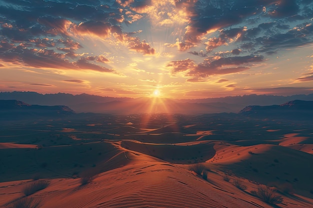 Foto dune di sabbia solitarie nel deserto secco sotto un tramonto drammatico