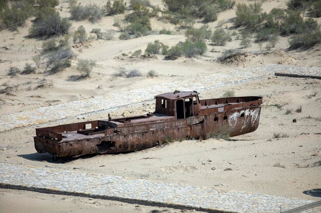 A lonely ship in a dry sea