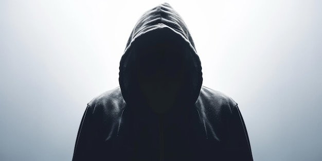 Lonely Silhouetted Hacker In A Hoodie Isolated In Darkness With White Background Ample Room For Text