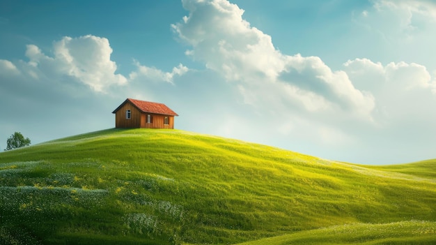 Lonely small house on top of a green hill AI generative