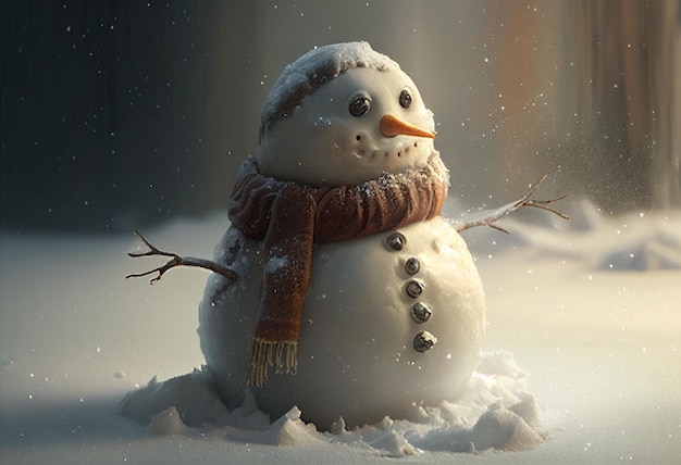 冬の曇り空の庭にスカーフをかぶった孤独な雪だるまが立っている AI が生成