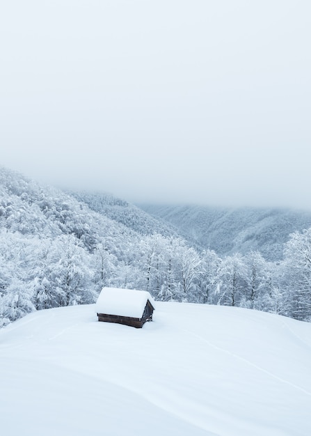 Lonely snowy house in the mountains. Winter landscape with frost covered forest and fog in the valley