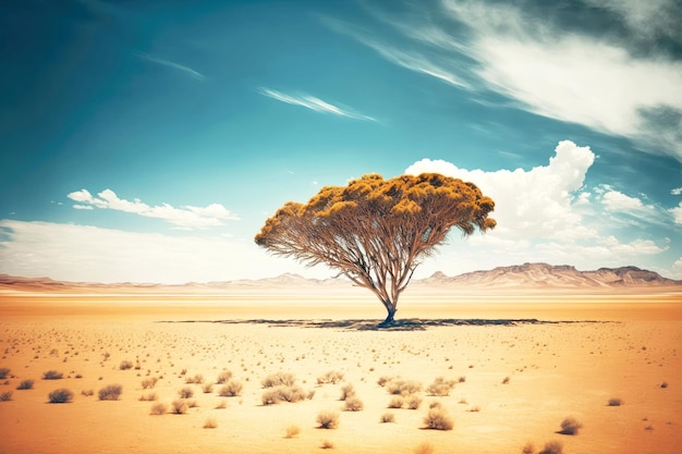 Lonely sprawling tree in middle of sand and shady camel thorns in desert
