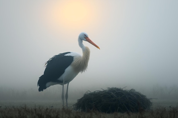 Lonely stork bird on foggy morning field Generative AI