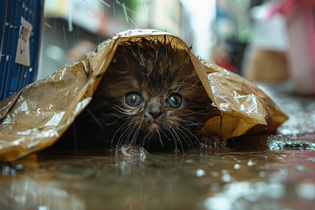 Foto un gattino randagio solitario in una strada piovosa cerca l'assistenza di un ente di beneficenza per l'adozione di animali domestici
