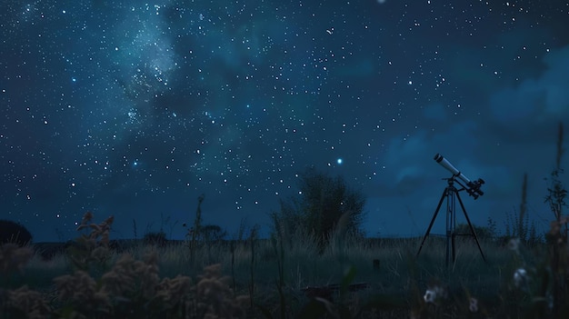 Foto un telescopio solitario si trova in un campo di erba alta puntato verso il cielo notturno il cielo è pieno di stelle e la via lattea è chiaramente visibile