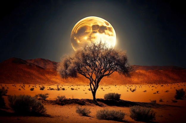 Foto albero solitario e sottile e luna piena nel cielo notturno del deserto