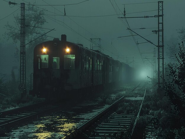 Photo lonely train journey rendered in a gritty graphic novel style