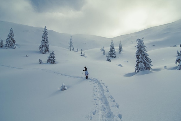 Lonely traveler moving through snow landscape photo