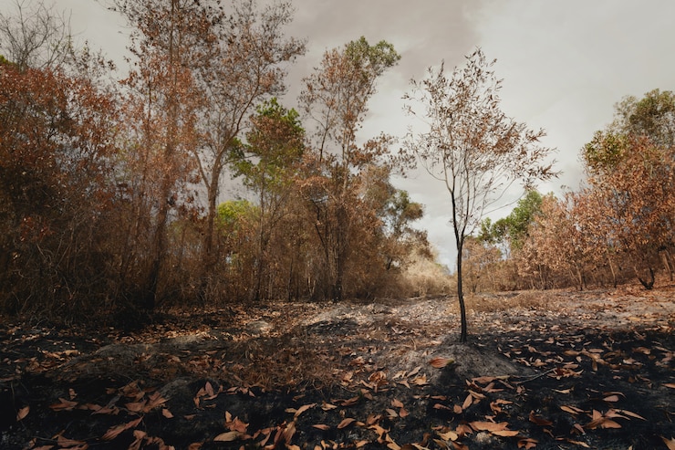 Фотография одинокое дерево после пожара с пылью и пеплом. глобальное потепление, защита лесов, сохранение концепции окружающей среды