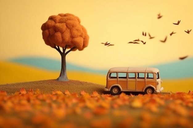 Lonely tree and cute yellow school bus in Autumn Generative AI