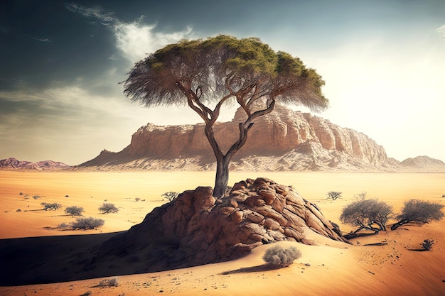 Lonely tree in desert on sandy hill and large rock in background