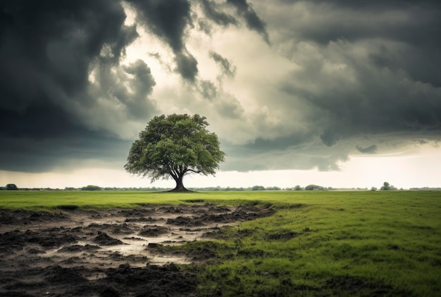 Lonely tree in desert with cloudly sky beautiful landscape Generative AI