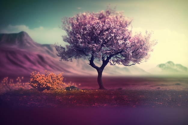 Lonely tree and flowers on blurry spring day background