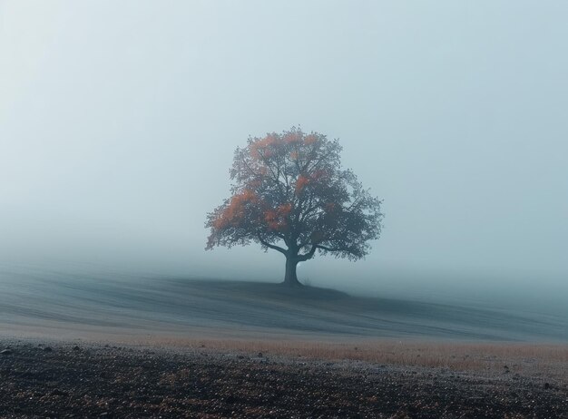 Foto albero solitario nel campo nebbioso