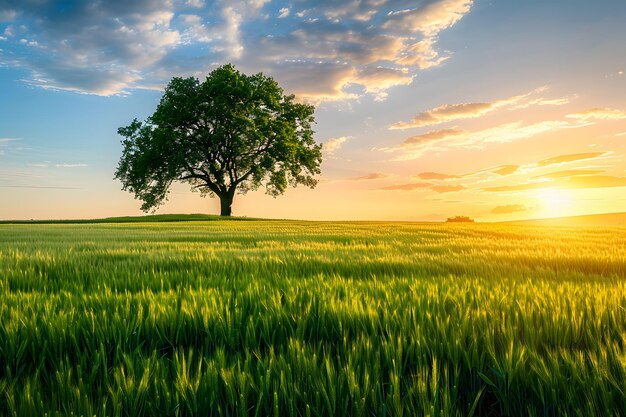 Albero solitario nel campo verde al tramonto composizione della natura