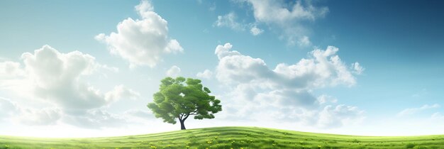 Foto albero solitario su una collina verde contro un cielo blu e un paesaggio verde