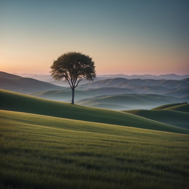 Lonely tree on a green hill in the evening twilight