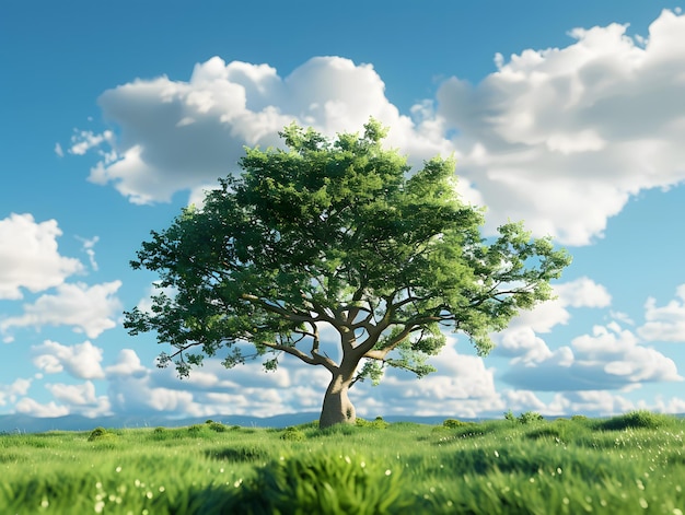 푸른 풀과 구름이 가득한 파란 하늘에 있는 외로운 나무