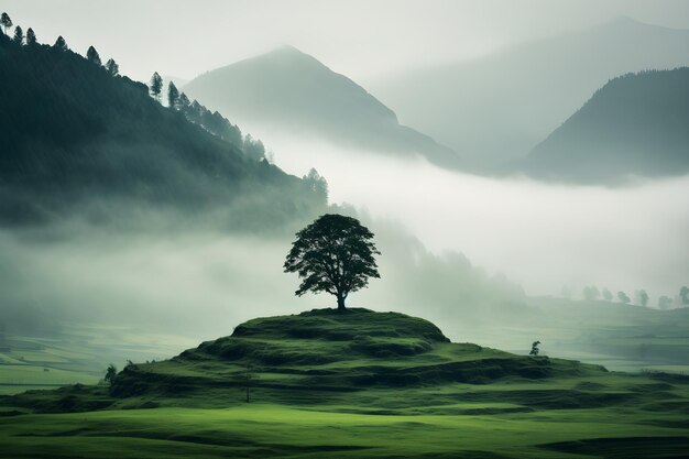 Photo lonely tree on a green meadow in the mountains generative ai