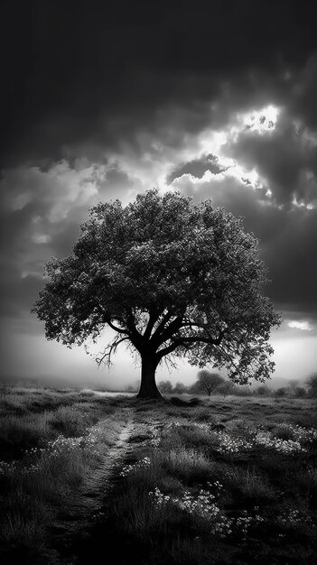 Photo lonely tree on a meadow in black and white