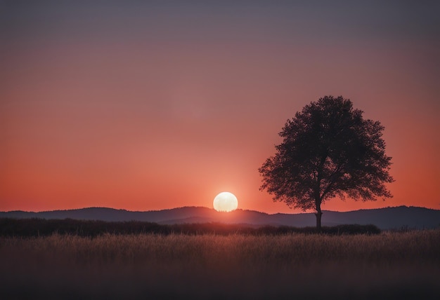 Lonely tree in the meadow at sunset